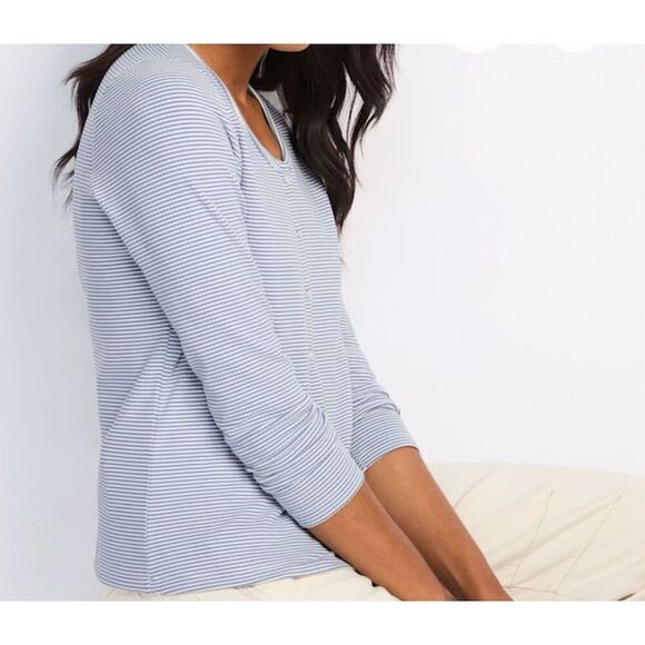 Design History Women's M Blue Striped Long Sleeve Button-Up Top - Picture 2 of 9